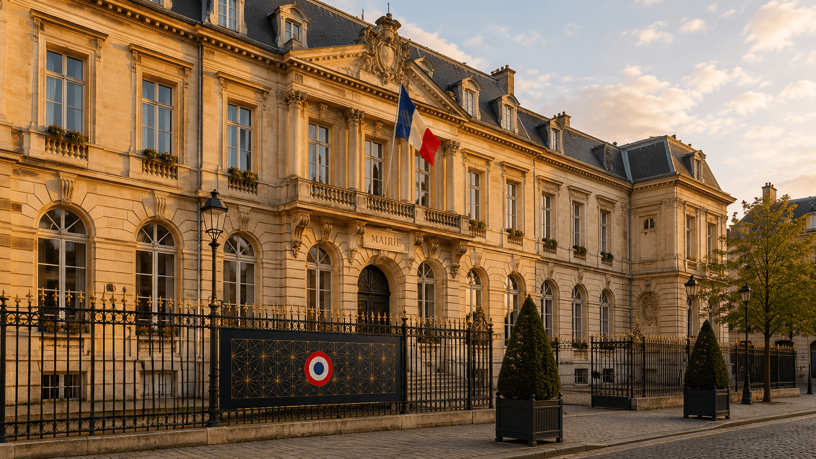 Mairie haussmannienne avec drapeau tricolore